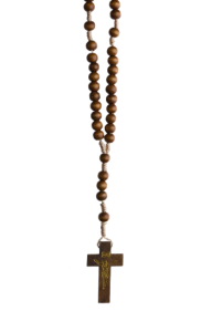 RÓŻANIEC DREWNIANY NA SZNURKU BRĄZ JASNY